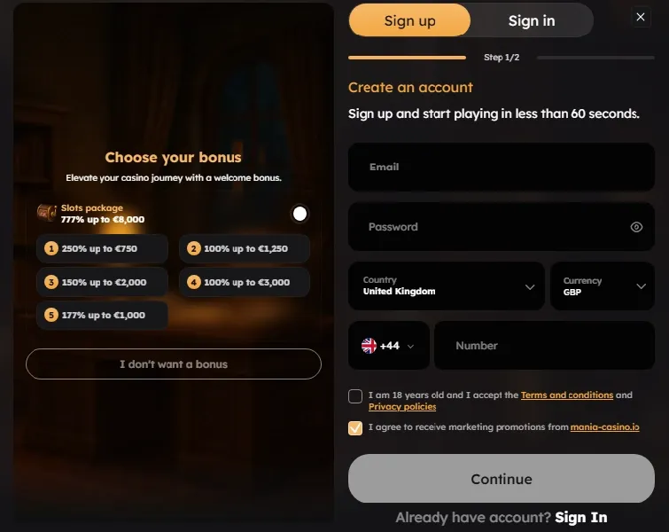 Mania Casino Sign Up